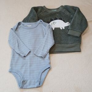 Pekkle 6M Bundle Baby Blue Stripe Bodysuit & Olive Dino Sweatshirt Set